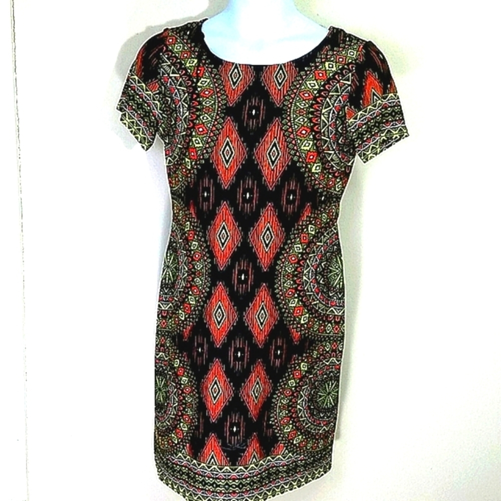 Riley Dress short sleeve Sheath bodycon neon stretch orange yellow black geometr